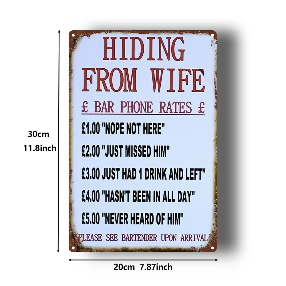 2D Flat, 1pc Funny Hidden Wife Bar Sign - Vintage British Phone Rate Design with £1 Bar Call Rate & Funny Messages