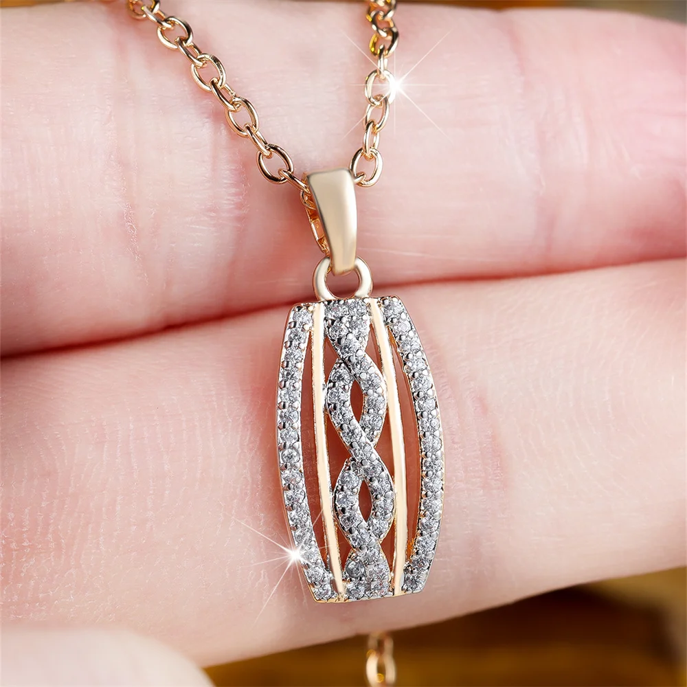 Luxury Crystal Infinity Hollow Pendant White Zircon Necklaces for Women Vintage Gold Color Chain Necklace Wedding Jewelry Gifts