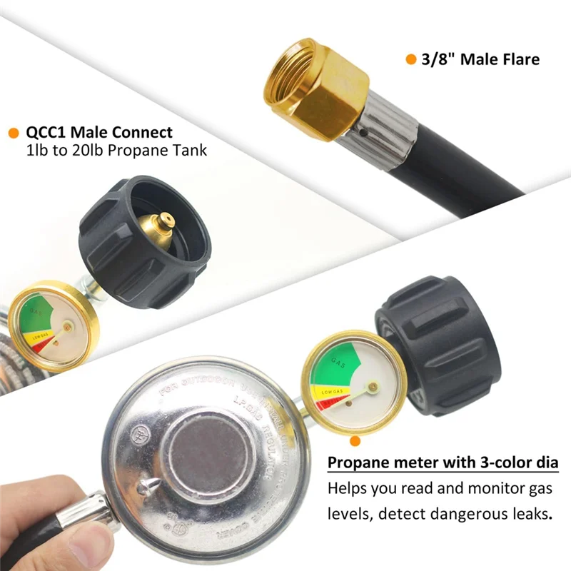 Manguera reguladora de propano de 6 pies con calibre, piezas de repuesto del regulador de parrilla universal QCC1 con adaptador de codo de 90 grados fácil de usar