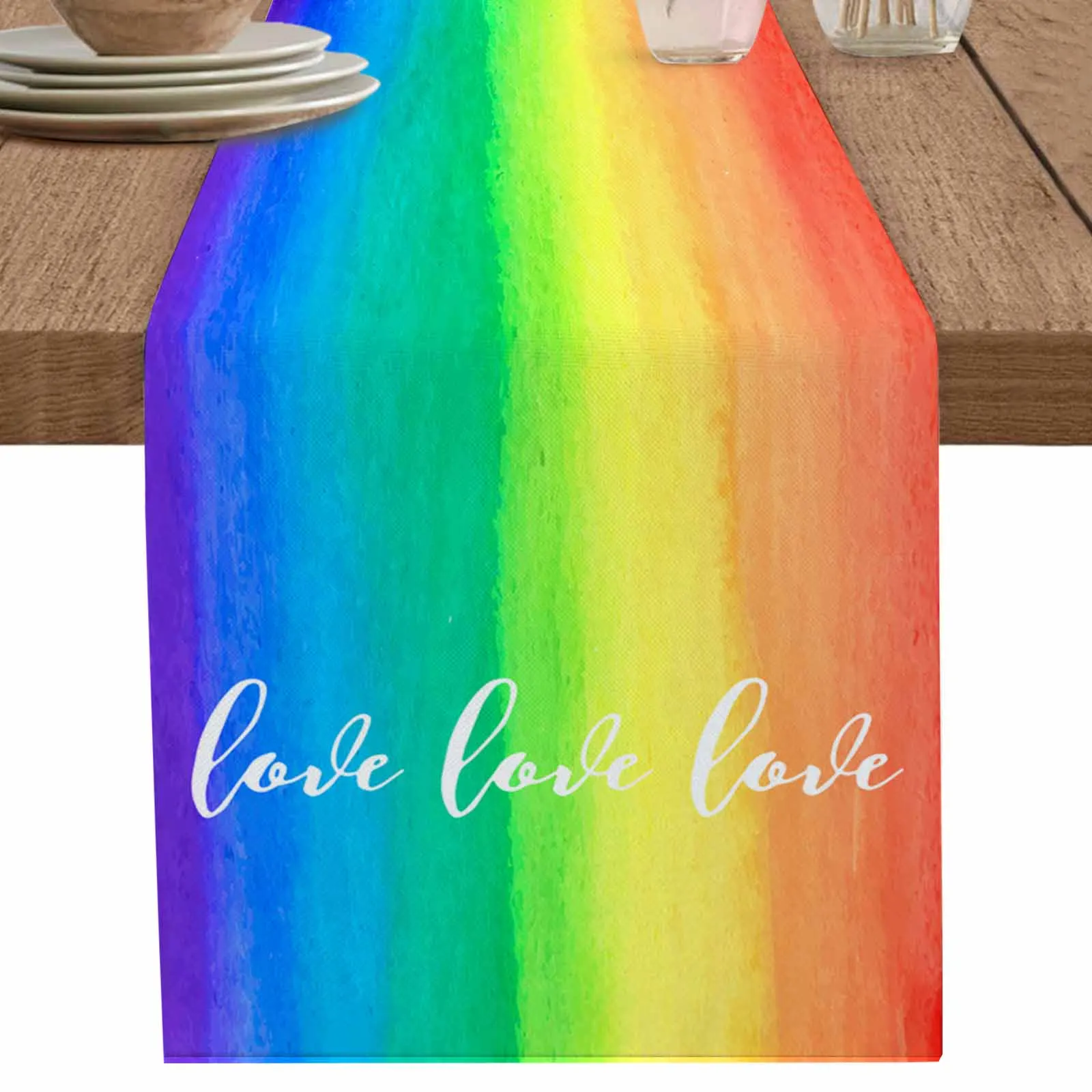 

Gradient Rainbow Love Art Festival Table Runners Wedding Party Decor Kitchen Placemat Home Coffee Decor Dining Tableware Pads