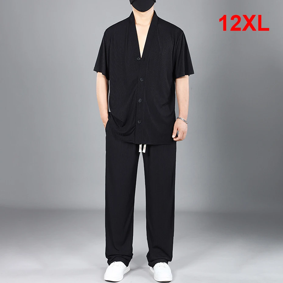 Summer Cool Suits Men Plus Size 10XL 12XL Sets Stretch Fashion Casual V-neck T-shirt Pants Male Big Size 12XL Suits