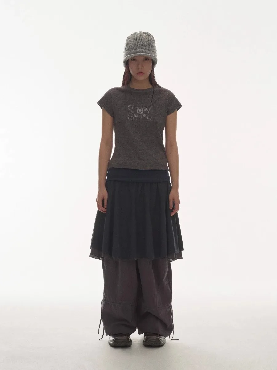 Casual Double Layer Fluffy Skirt with Waist Flap Design Half-length Polyester Cotton Blend High Waist Commute Style Women's S...