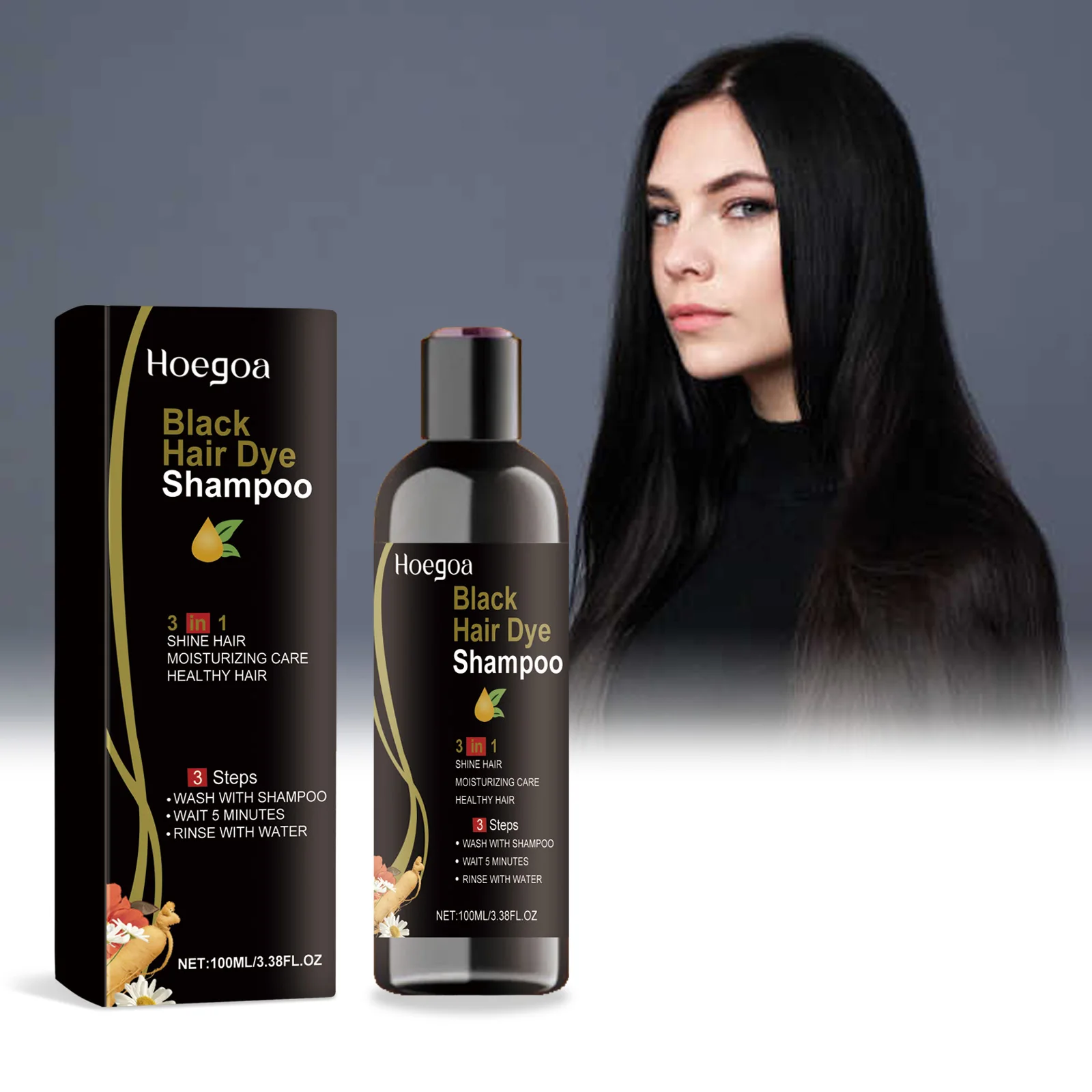 

Black Hair Dye Shampoo 3in1 Gray to Black Smooth Hair Natural Plant Herbal Shampoo for Men Women Repair Damaged Hair Care 100ml