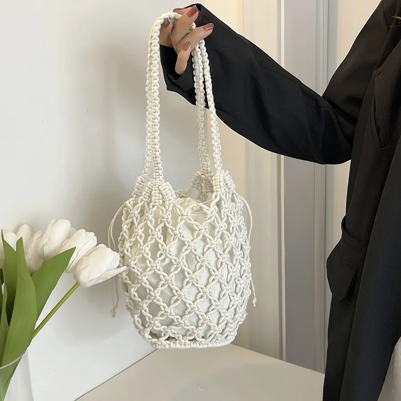 Sommer Strand Tasche Für Frauen Mesh Seil Gestrickte Eimer Schulter Taschen Reticulate Hohl Reise Shopper Totes Damen Mode Handtasche – Detail 15