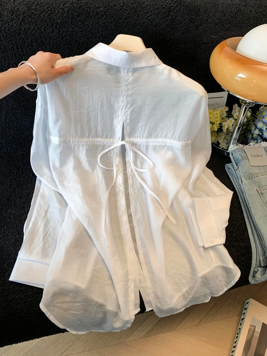 

Summer New Women's Loose Style Long Sleeve White Shirt Thin Sun Protection Back Slit Belted Open Cardigan Top Fashionable
