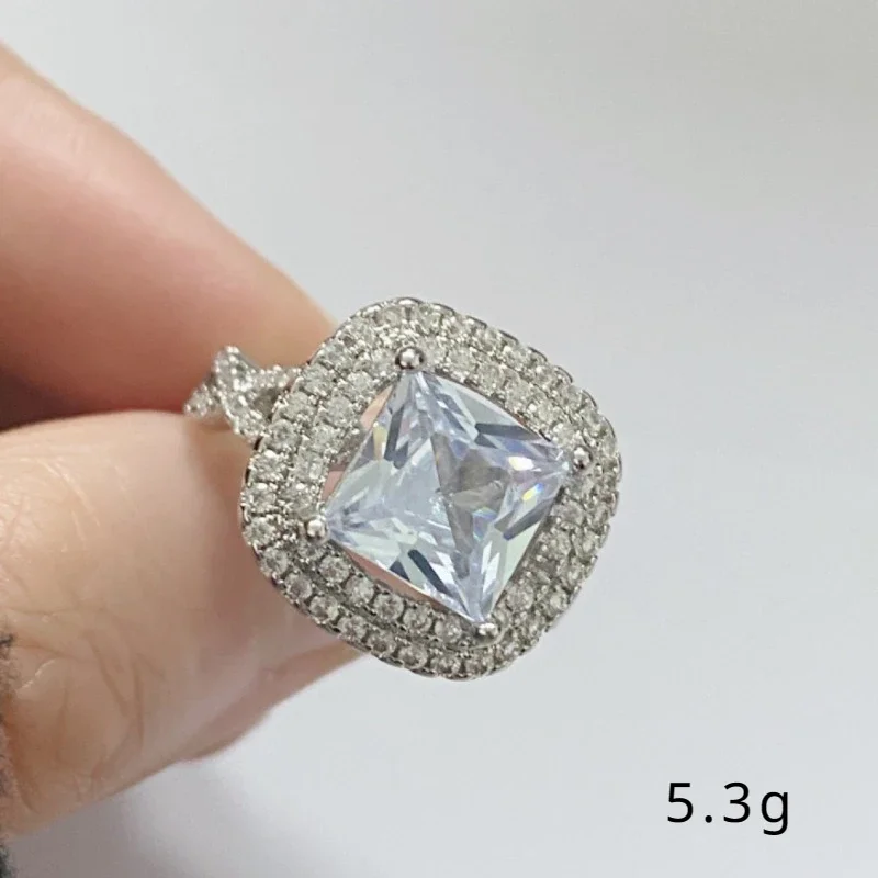 New Imitation Mosang Diamond Square Diamond Copper Plated White K Set Zircon Ring for Women's Wedding and Engagement Accessories