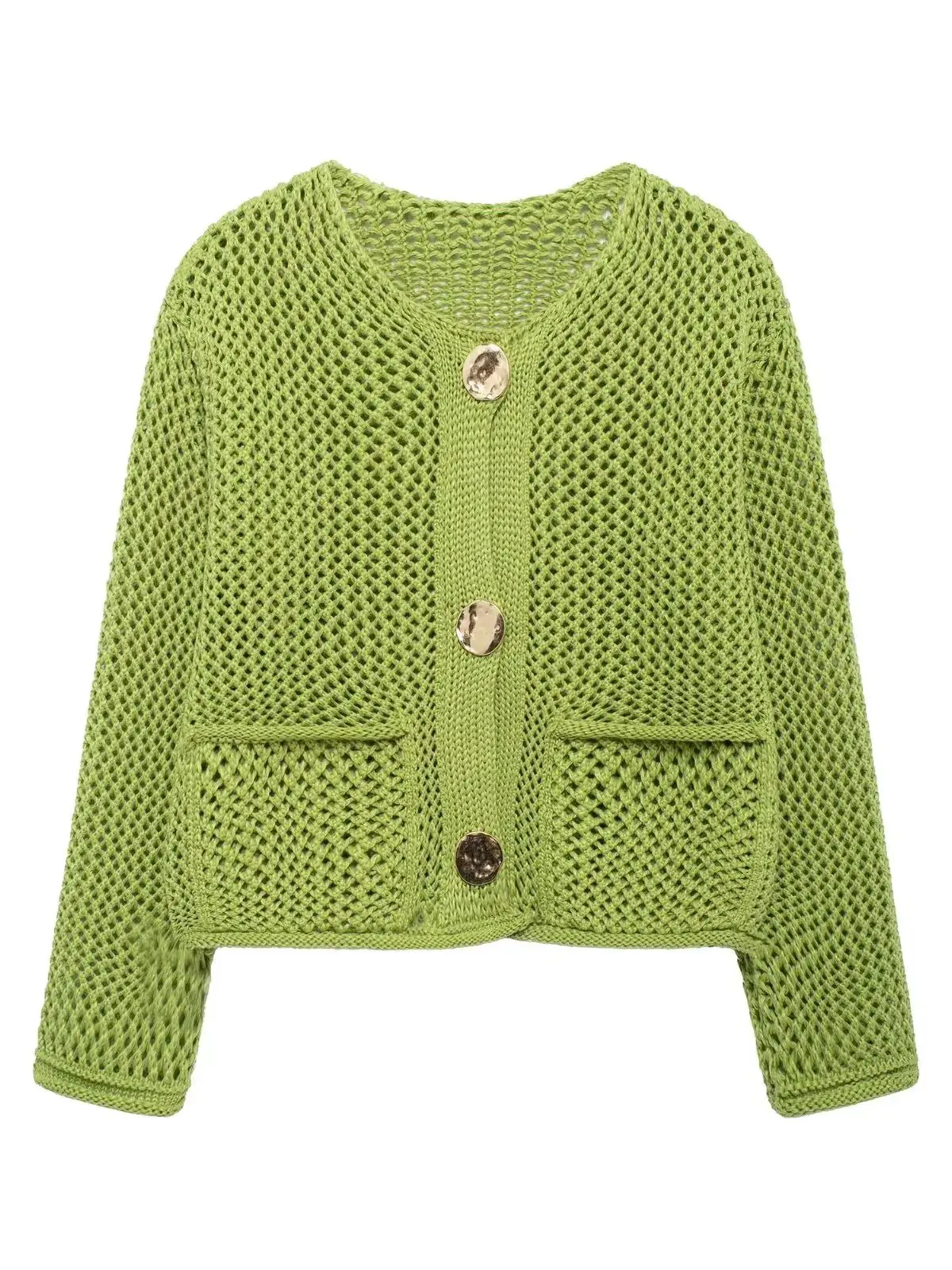 

Новинка 2025, осенне-зимние женские повседневные свободные вязаные короткие кардиганы с вырезами, женские элегантные свитера с длинными рукавами и карманами на пуговицах