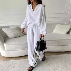 Loose Top With Trousers Two Pieces Set White Long Sleeve Tops Lace Up Wide Leg Pant Sets Traf Female Turndown Collar Lady Suit