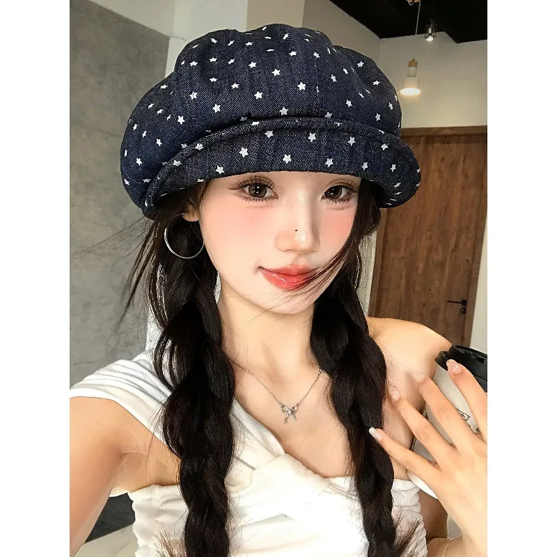Korean Ins Star Print Cloud Puffy Beret Hat For Women,Y2K Kawaii Vintage Painter Cap Newsboy Cap For Daily Street Matching