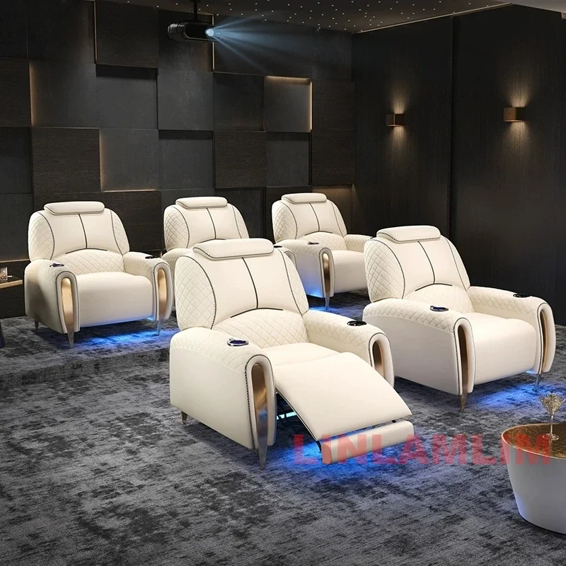 Luxury Electric Recliner Theater Seating Sofa – Modern Home Theater Chairs with LED Lighting, USB, Massage, Cooling Cup Holder