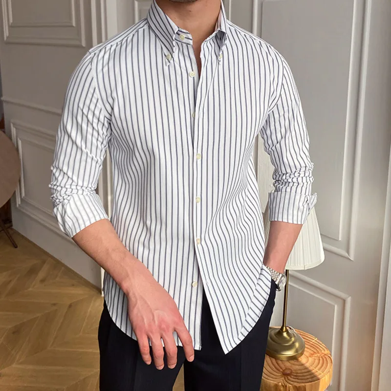 Casual Stripe Shirt Retro Shirt Dress Camisa Masculina Social Italian 2022 Spring British Style Men Long Sleeve Striped Shirt