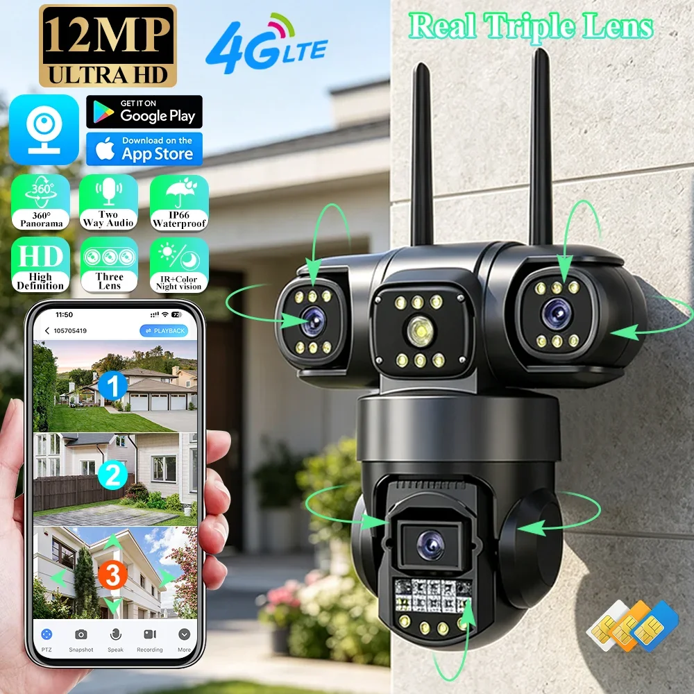 Outdoor Waterproof Camera With Sim Card 12M Three Lens Monitor Night Vision Security PTZ CCTV Home V380 Pro 4G Network IP Camera