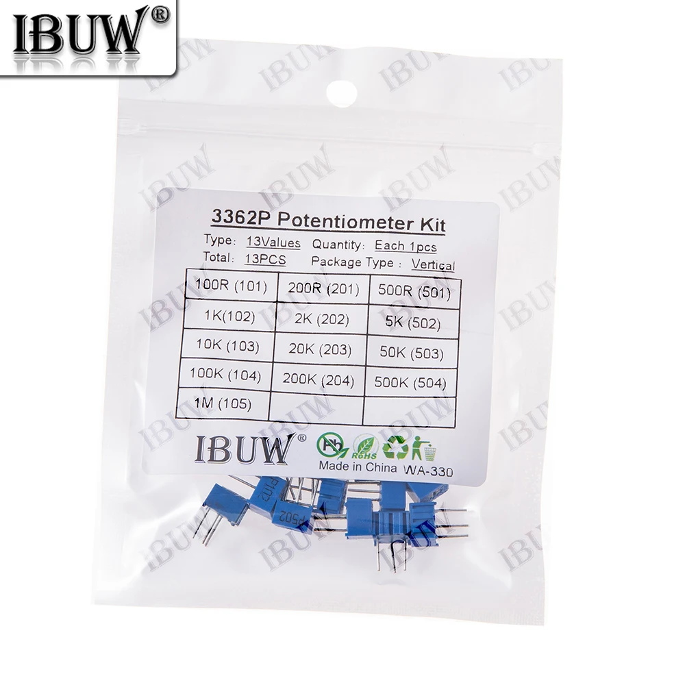 13PCS 3362P Potentiometer Kit 13Values 100R-1M 1k 10k Variable Resistor for Electronics Projects