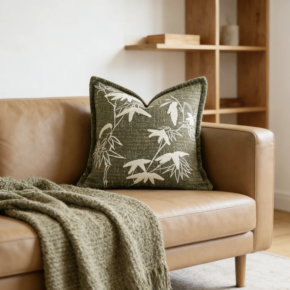 HINYEATEX Chinese Style Embroidery Bamboo Leaves Green Woven Sofa Decorative Pillow Case 45x45cm 1 Piece Pack Sofa Gift