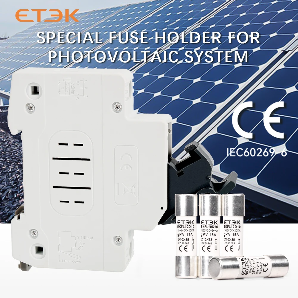 ETEk DC Solar Fuse Holder 1000V 1P 15A 20A 25A Photovoltaic Fuse Base Link PV System GPV 10x38mm DIN Rail EKF1-10PVH