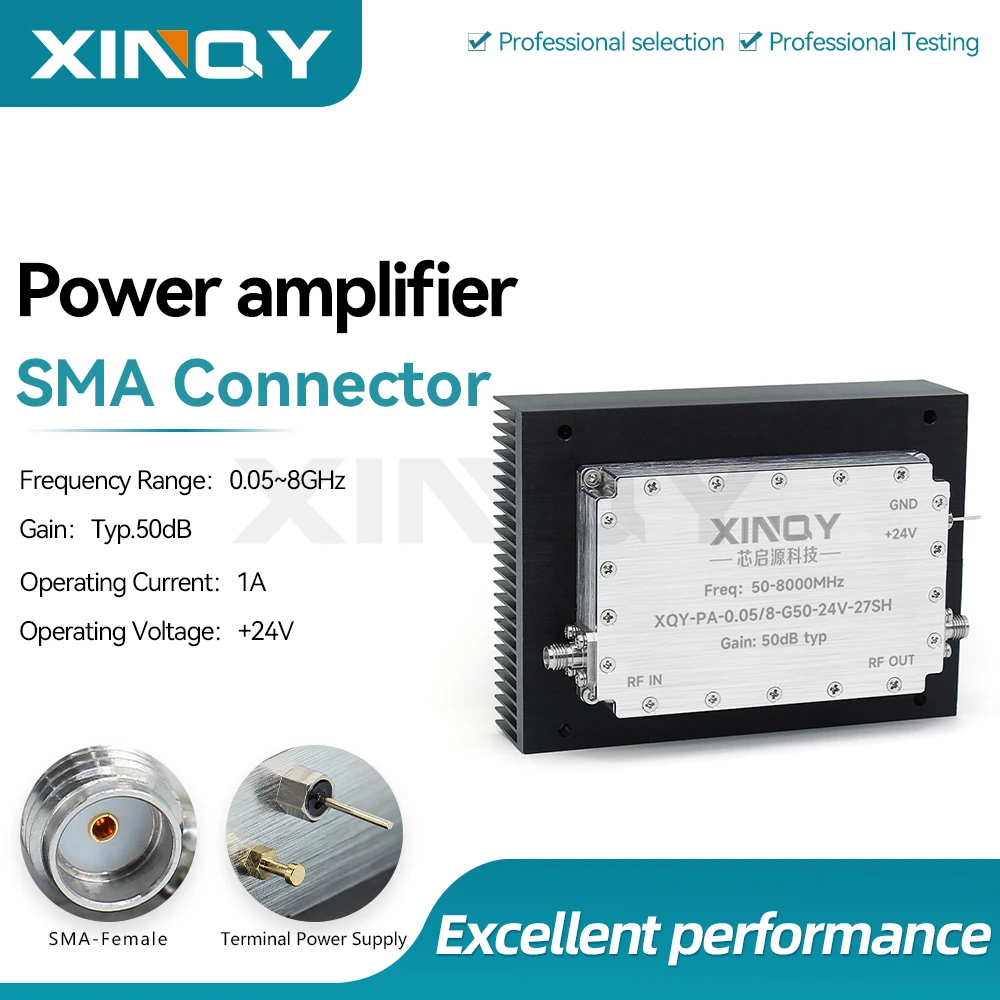 Xinqy 50-8000Mhz High Linear Gain 50Db Power Amplifier Powered by 24V Wideband Pa Amplifier