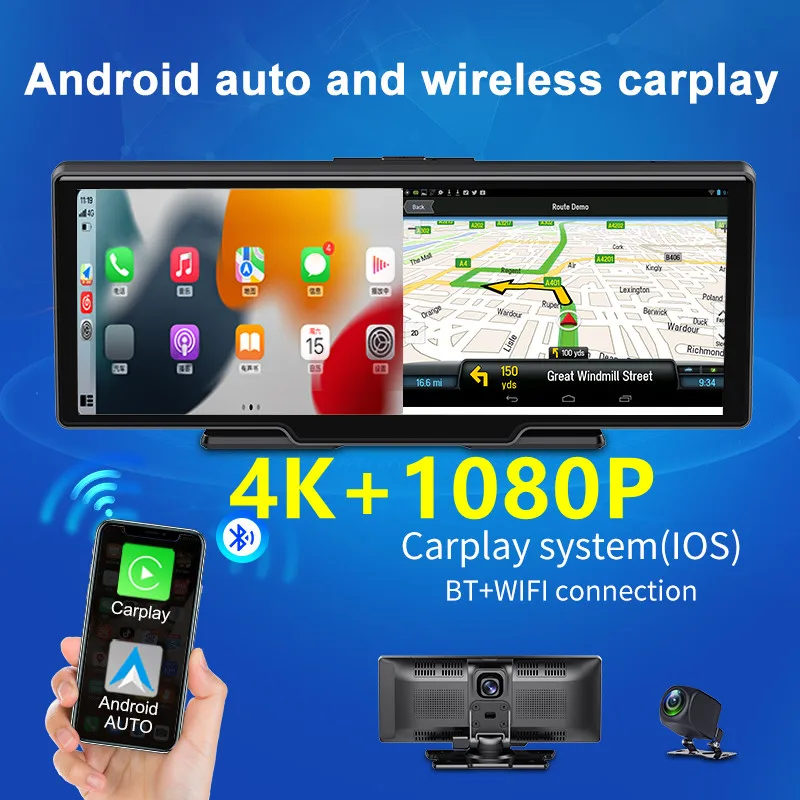 

10.26 Inch Car Dvr 4K 3840*2160P Dash Cam Rearview Dashboard Dual Lens Android Auto&Carpaly Camera Driving Recorder