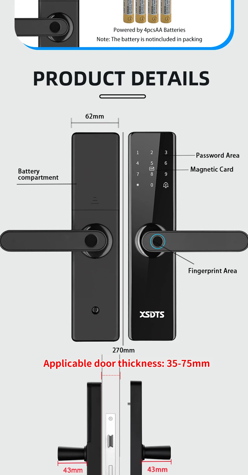 XSDTS Electronic Smart Door Lock With Biometric Fingerprint Smart Card Password Key Unlock USB Tuya APP Emergency Charge Lock