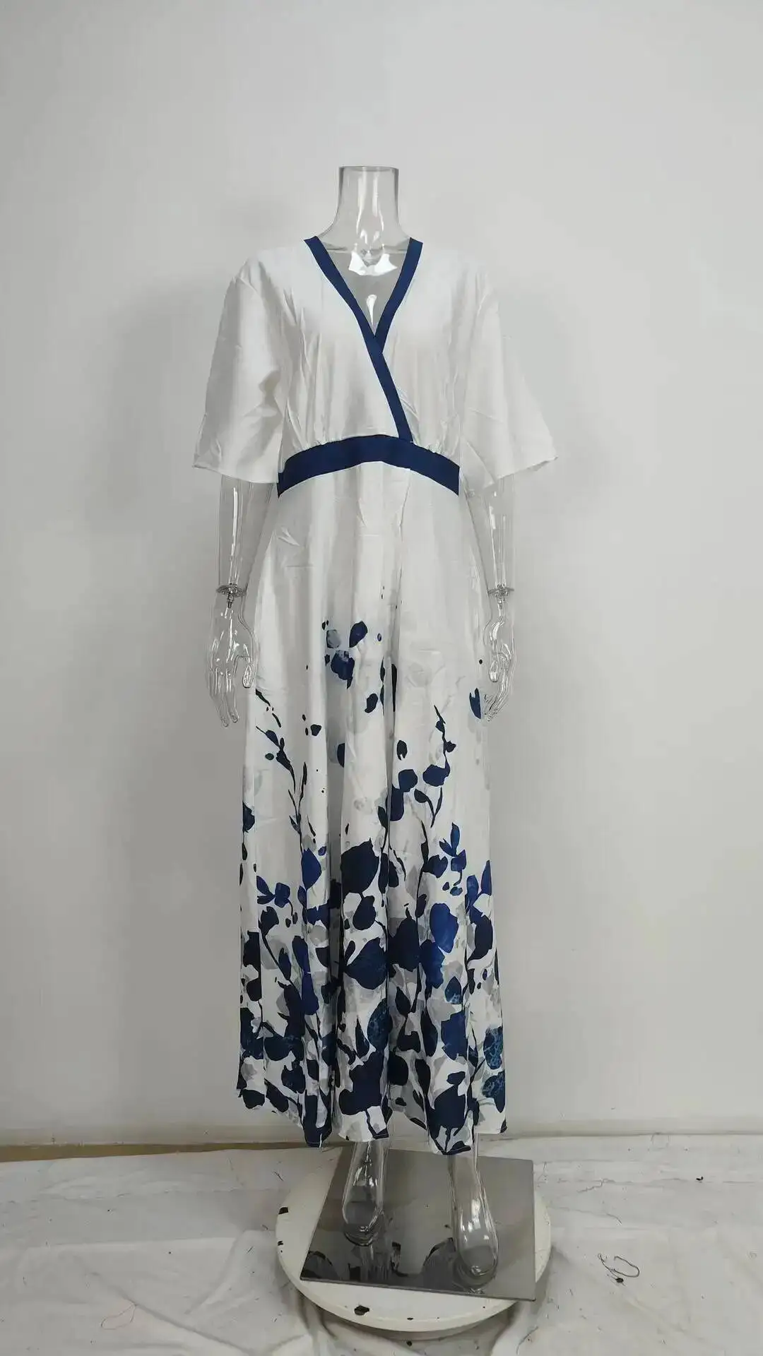 夏の女性のファッション V ネックベルト付きパーティーロングドレスセクシーな印刷自由奔放に生きるマキシドレス半袖ポケット Femlae ホリデー RXJ8