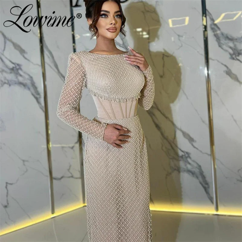 Champagne Arabic Evening Dress Heavy Beaded Long Sleeves Women Birthday Party Dresses Custom Made Aso Ebi Engagement Gowns Robe