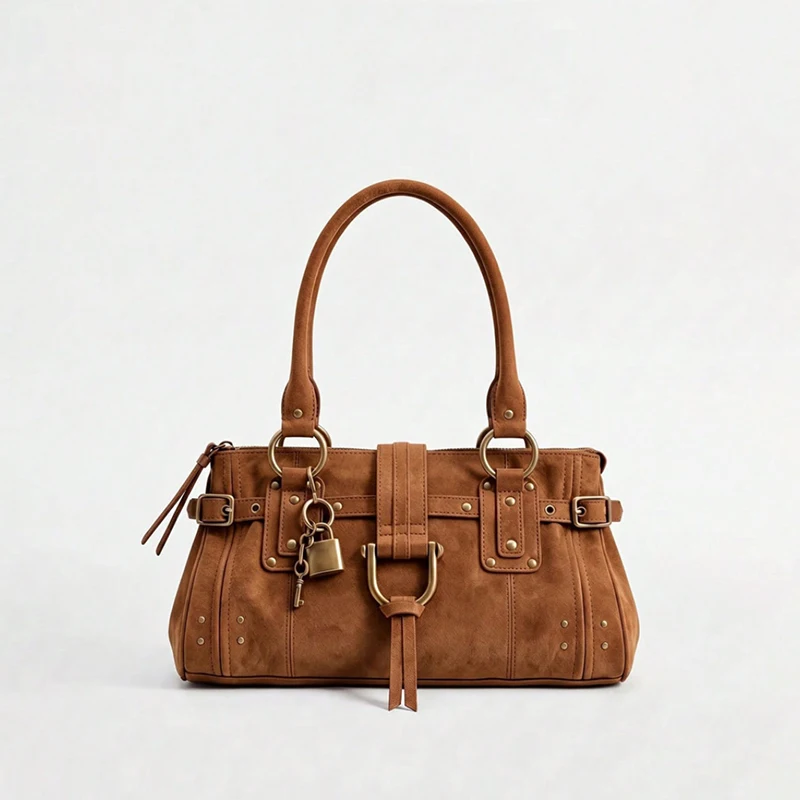 Rechteckige Handtasche, Damen-Tragetasche mit Goldschnalle, Nietenverzierung und Schlüsselanhänger, Winterliche Vintage-Umhängetasche in Unifarbe – Detail 4
