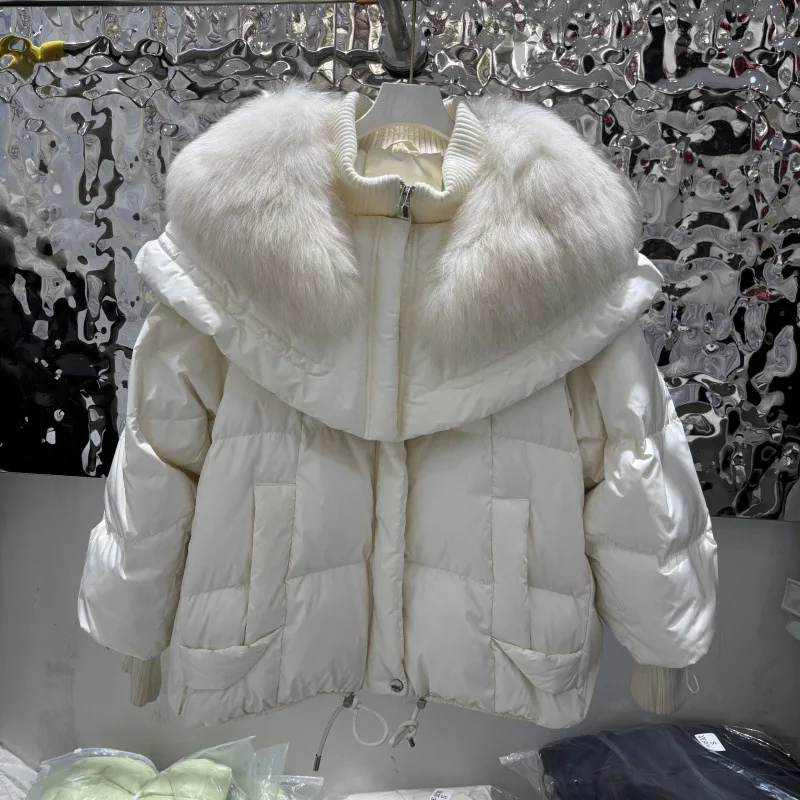 

White Duck Down Coat Big Real Fox Fur Collar Outerwear Women Natural Fur Snow Parkar Warm Streetwear Loose Winter Fur Jacket