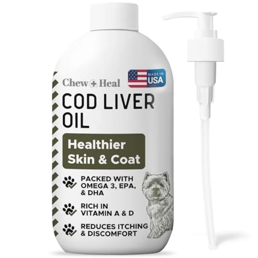

Pure Cod Liver Oil for Dogs - - Contains Omega 3, Omega 6, Vitamin A, and Vitamin D to Reduce Itching and Promote Skin and Coat