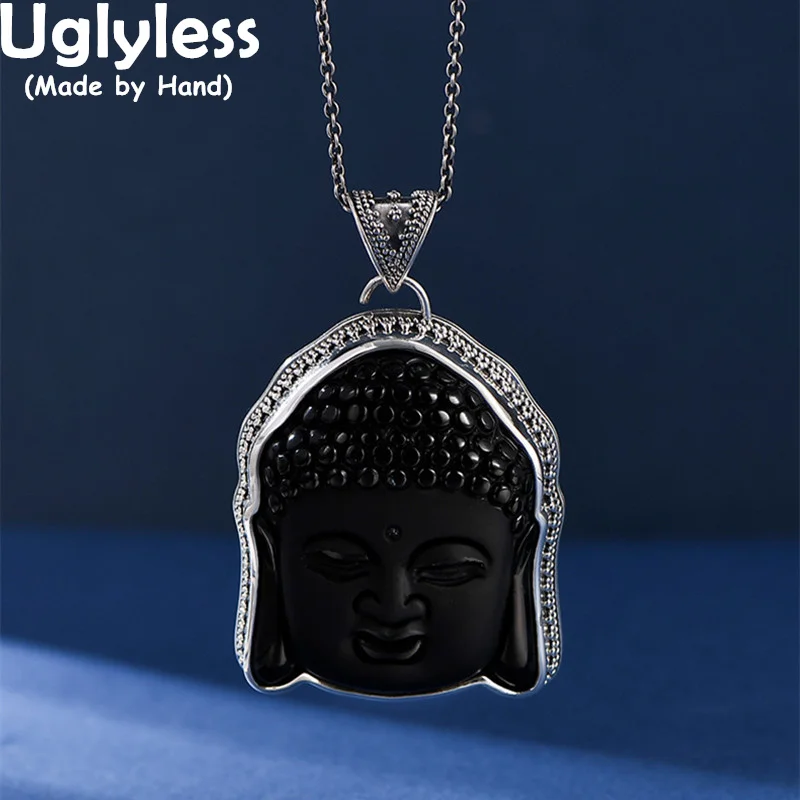 Uglyless Natural Obsidian Buddha Pendants Men Amazing Religious Gifts Real 925 Silver Buddhistic Jewelry Huddha Head Necklaces