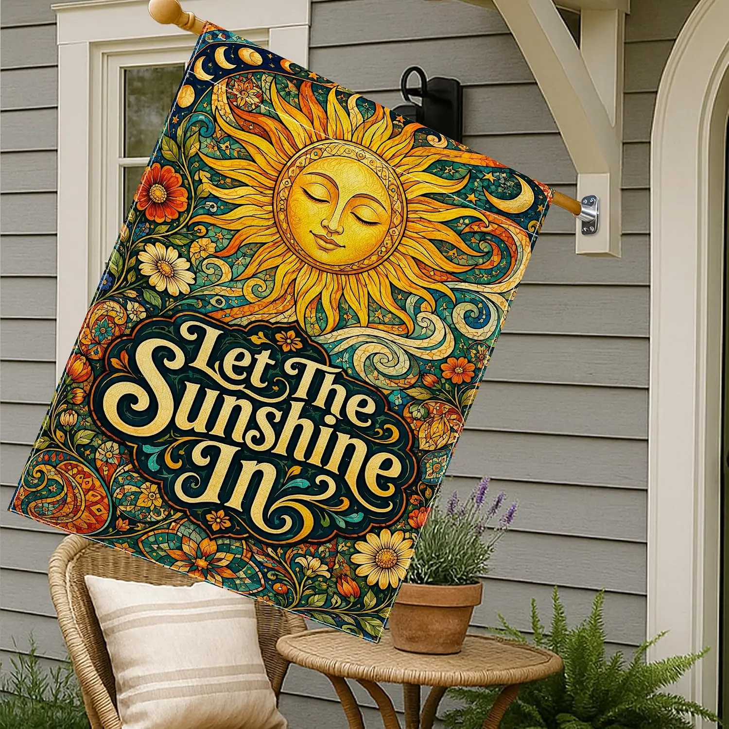 Sun House Flag, Bohemian Artistic Flowers Swirls Summer Yellow Burlap Double Sided Outside Large Garden Flag for Outdoor Law yyi