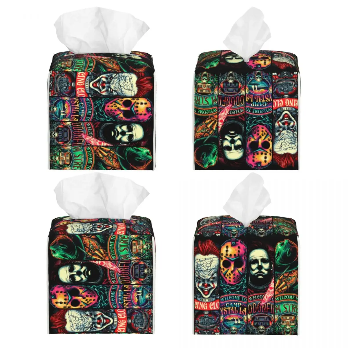 Custom Welcome To Horror Movies Tissue Box Holder Square PU Leather Facial Tissue Box Cover for Car Bathroom