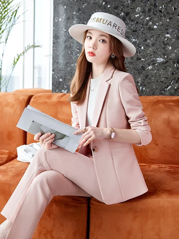 Office Ladies Formal Pant Suit Women Female Business Work Wear 2 Piece Set Pink Purple Green Red Navy Solid Blazer And Trouser