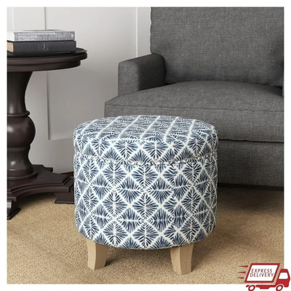 

Round Storage Ottoman Cushioned Polyester Upholstery Easy Access Lift-Off Lid Wood Legs Geometric Pattern Living Room