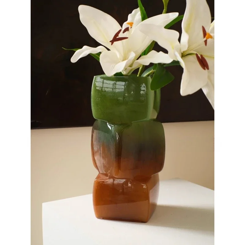 Caramel color gradual change square new Chinese glass vase advanced atmosphere ornament