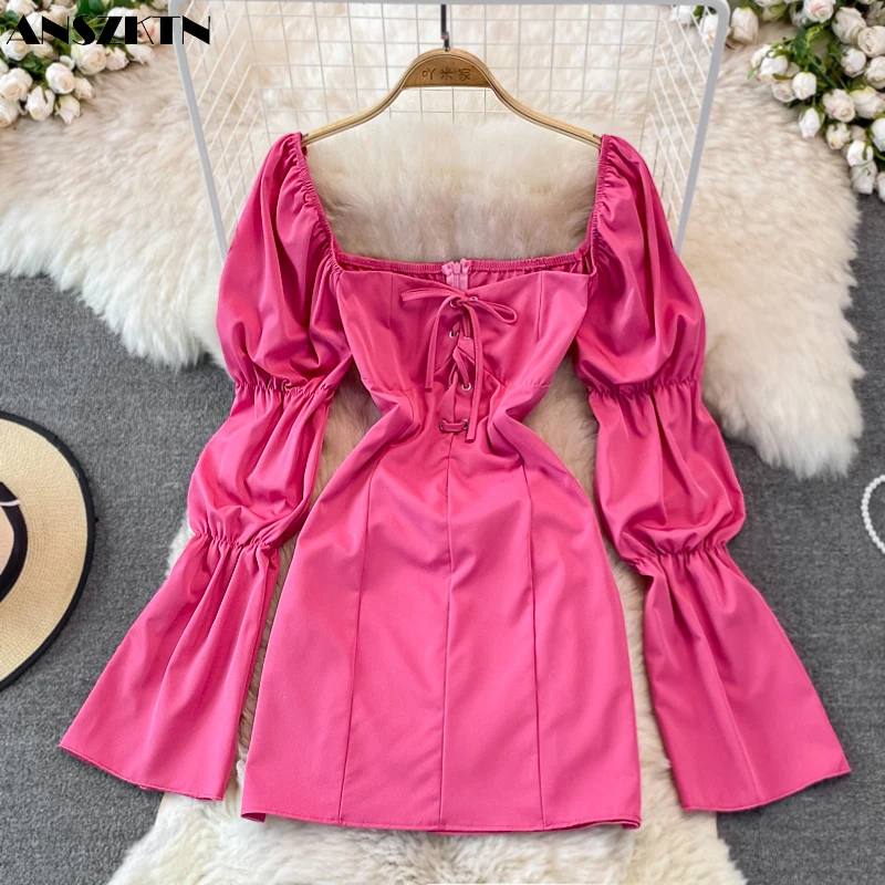 

ANSZKTN autumn new ANSZKTN style bubble sleeve square neck middle long high waist slim dress fashion fairy skirt