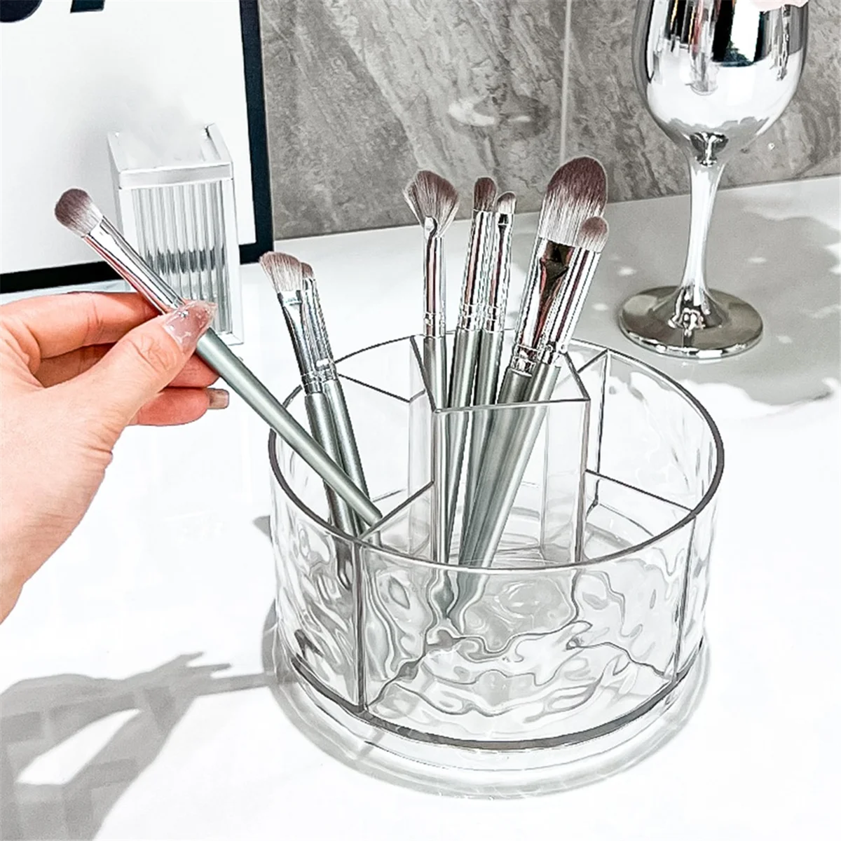 Makeup Brush Holder Organizer, 360° Rotating Makeup Brush Organizer, 5 Slot Make Up Brushes Cup for Cosmetics,B