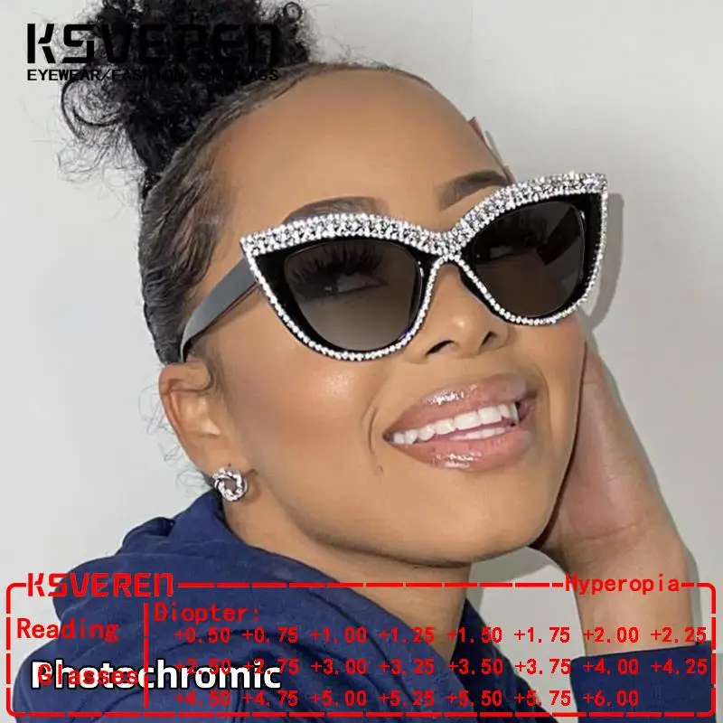 

Women Cat Eye Reading Glasses Trendy Decoration Women Anti Blue Light Photochromic Prescription Optical Glasses Frame KSVEREN