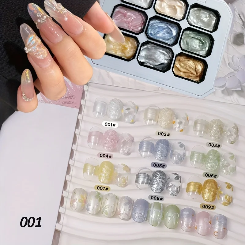 3D 9-color pearlescent solid gel nail polish, long-lasting, mermaid-style pearlescent gradient nail art gift, suitable for nail