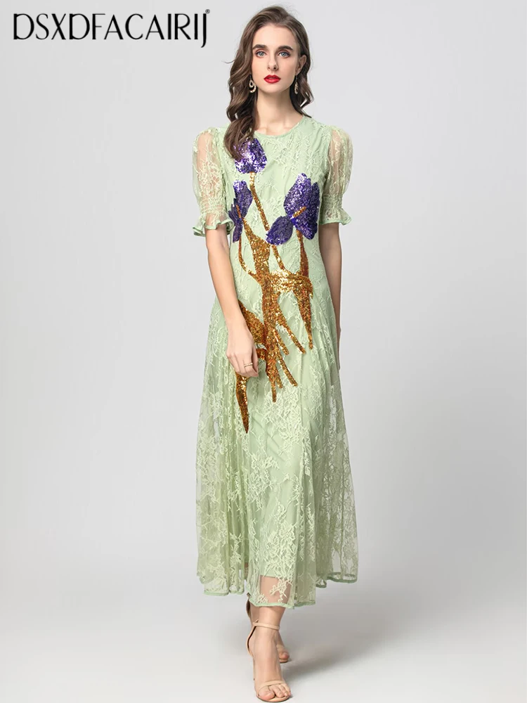 

DSXDFACAIRIJ Women's Vintage Lace Dress O-Neck Short Sleeve Embroidered Flowers Sequins Long Summer Fashion Female Clothing