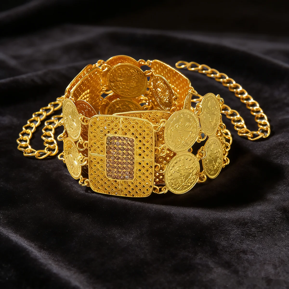Luxury Middle Eastern Waist Chain Golden Tone With Engraved Coin Links Sparkling Rhinestones For Wedding