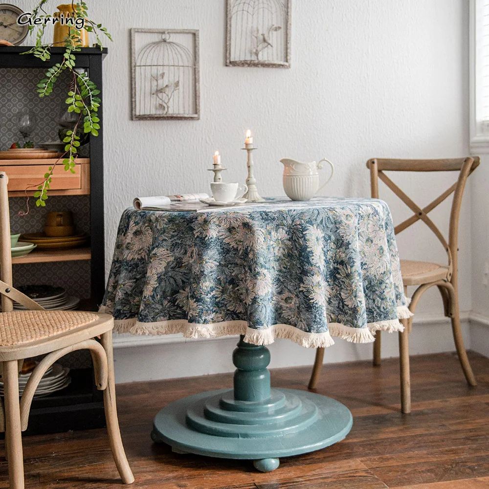 Gerring Tablecloth Wedding Table American Blue Oil Painting Jacquard Christmas Round Coffee Table Cover Thick Table Cloth