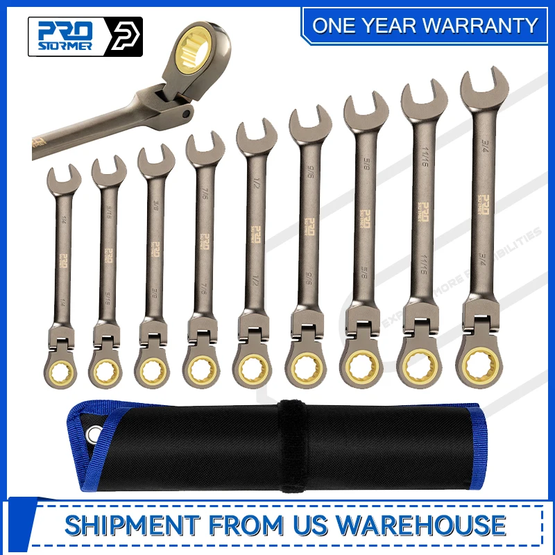 

9-Piece SAE Flex-Head Ratchet Wrench Set Cr-V Constructed with Black Nickel Plating 1/4" to 3/4" Standard Swivel Head Ratcheting