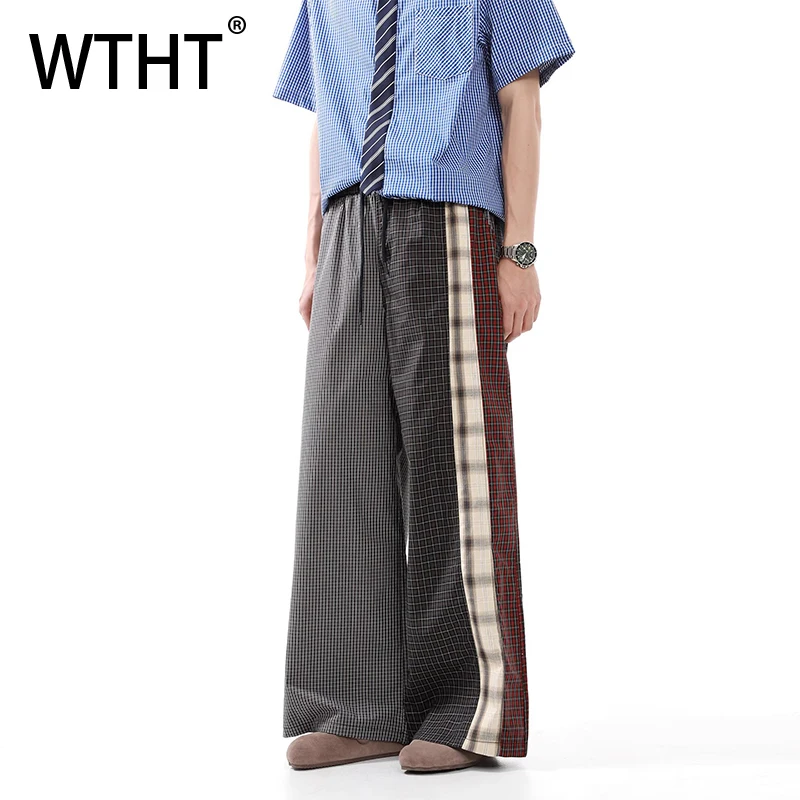 

WTHT Trendy 2025 Summer Men's Spliced Plaid Contrast Color Japan Style Pants Fashion High-waisted Straight Trousers Male 2A1310