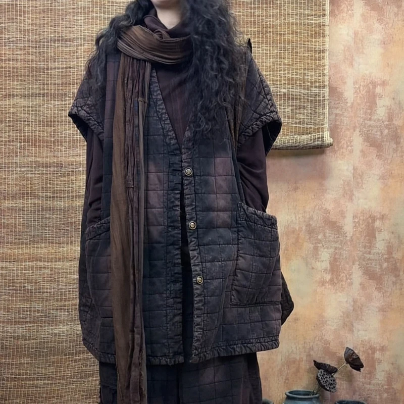 2025 New Arrival Autumn/winter Women Casual Loose V-neck Single Breasted Warm Vest Pocket Patchwork Outerwear & Coats S184