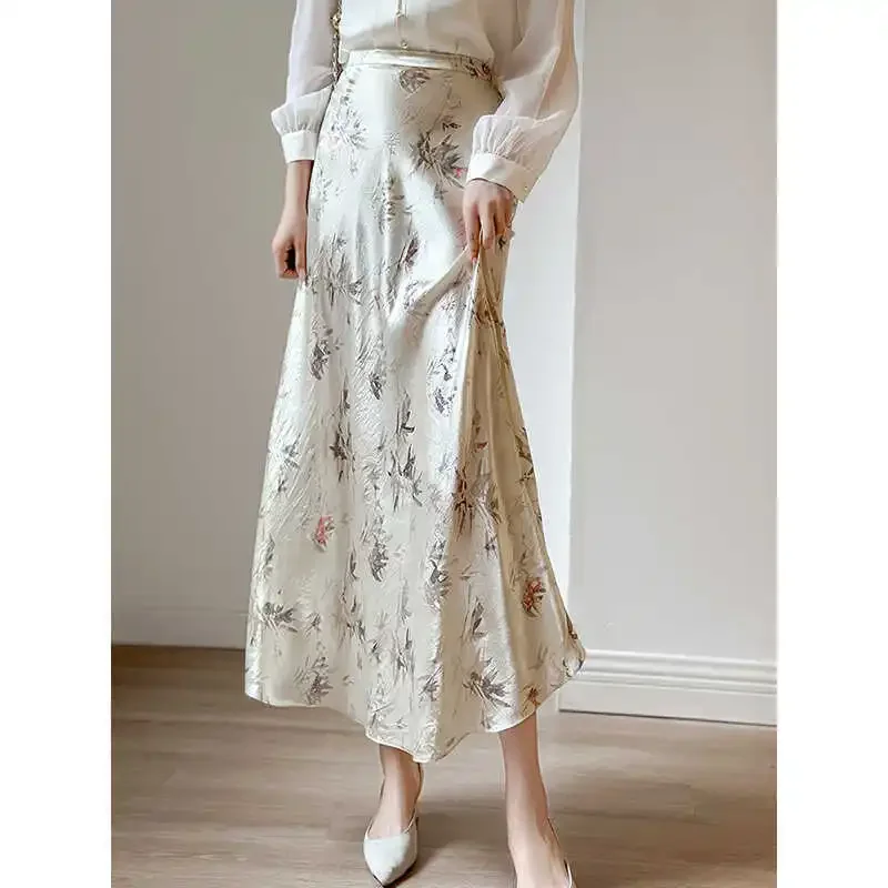 Medium-Length High-Waisted Bamboo Leaf Printing Vinegar Silk Skirt A- Line Fish Tail Half Skirt Chinese Style