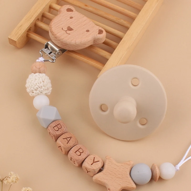 Beech Cartoon Bear Baby Pacifier Chain Soothing Toy Silicone Pacifier Anti-fall Rope Two Piece Set Shower Gift