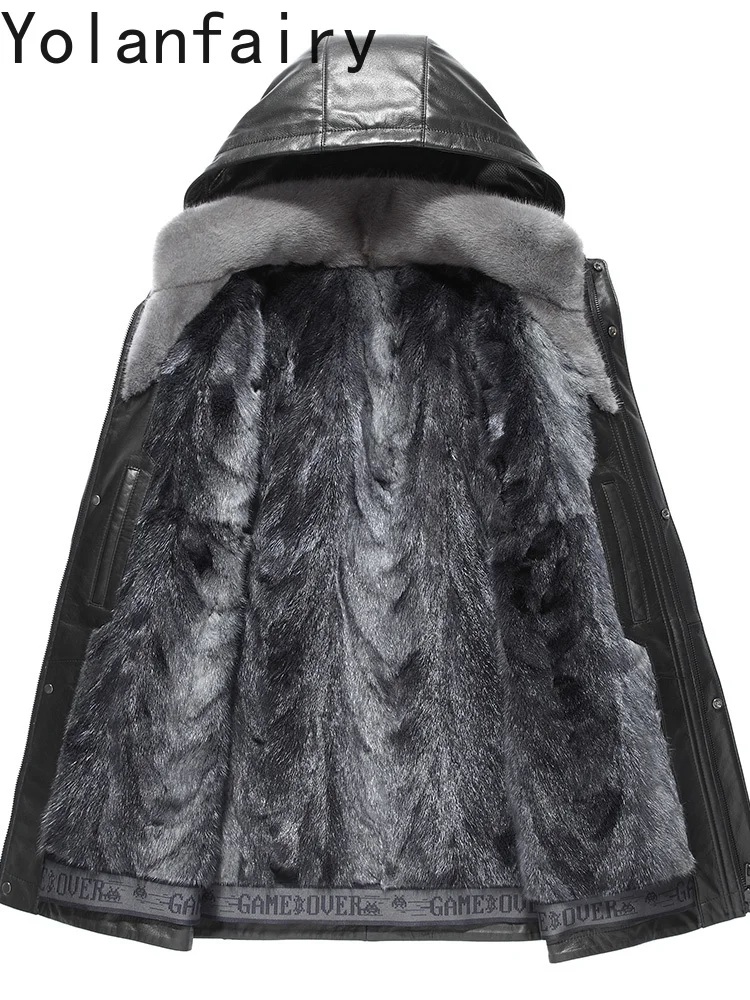 YOLANFAIRY سترة جلدية أصلية للرجال بقلنسوة شتوية فاخرة 2025 معطف بطانة من فرو المنك بالكامل معاطف دافئة من الفرو الحقيقي ملابس للرجال