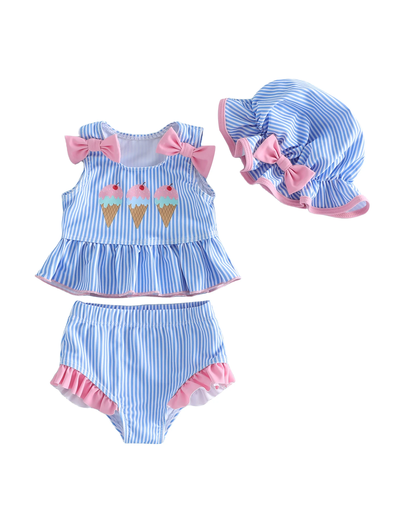 

Купальник для маленьких девочек с рюшами и арбузным принтом, низ в горошек и подходящая шляпа от солнца для вечеринки у бассейна, пляжная одежда