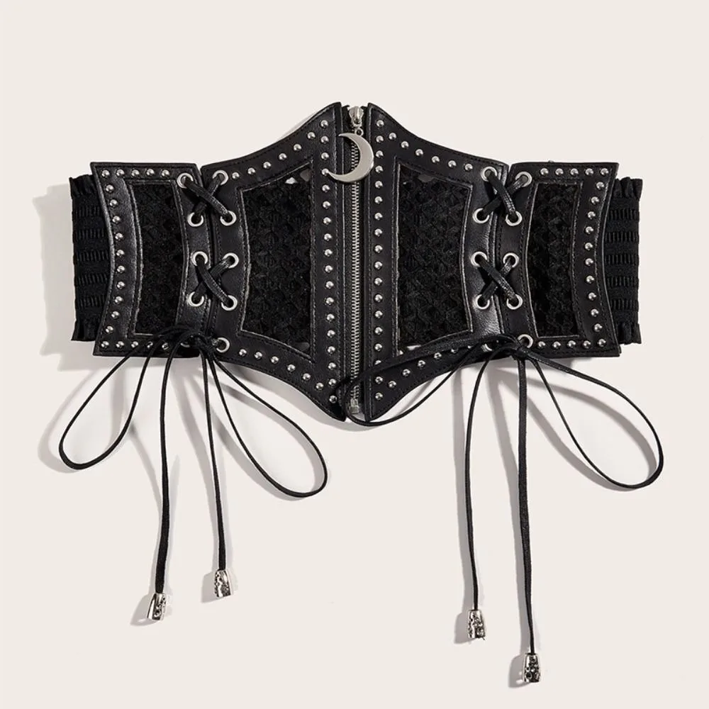 

Женский пояс из искусственной кожи в стиле ретро, сетчатый широкий пояс с вырезами, аксессуары, украшения для талии, черный пояс Cincher, темный стиль