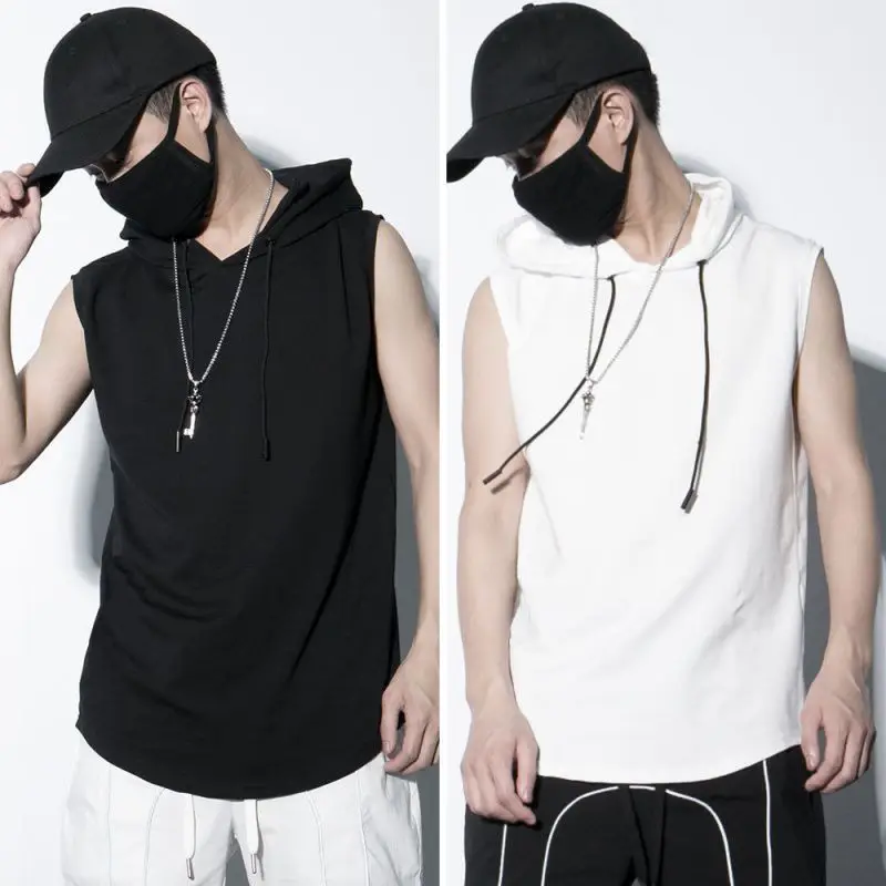 2024 Summer New Men\'s Fashion Sportswear Gym Fitness Jogging Hooded Sleeveless T-shirt Loose Large Comfortable Top