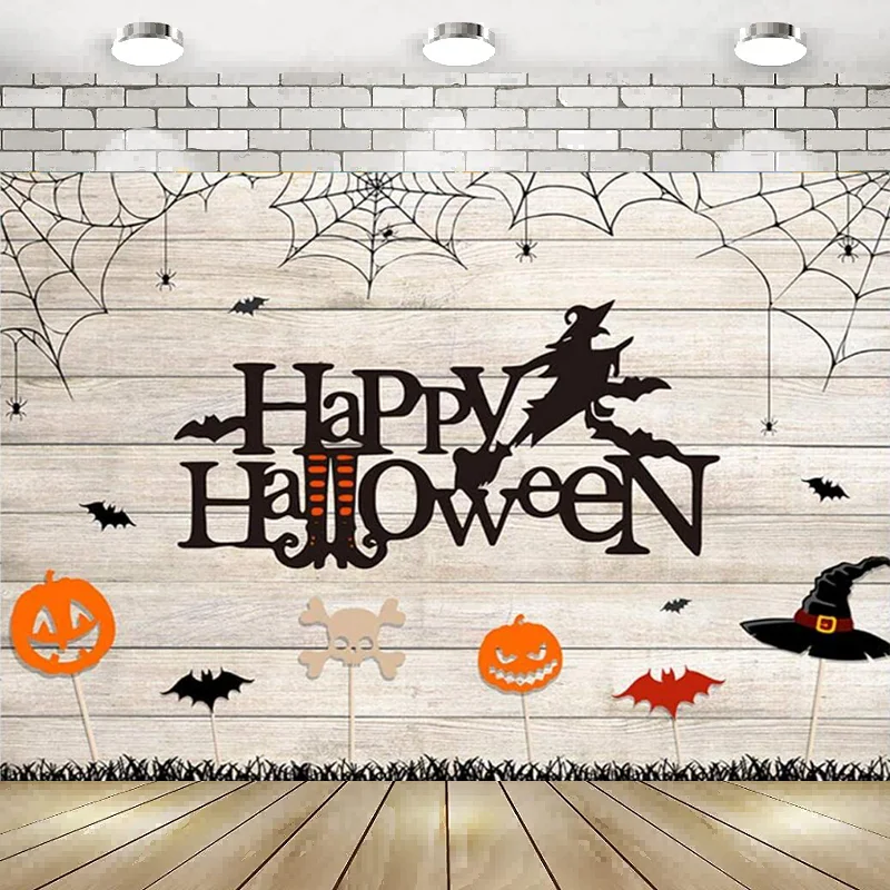 Photography Backdrop Happy Halloween Wooden Floor Pumpkin Witch Magic Hat Bat Spider Web Background Decor Banner Baby shower